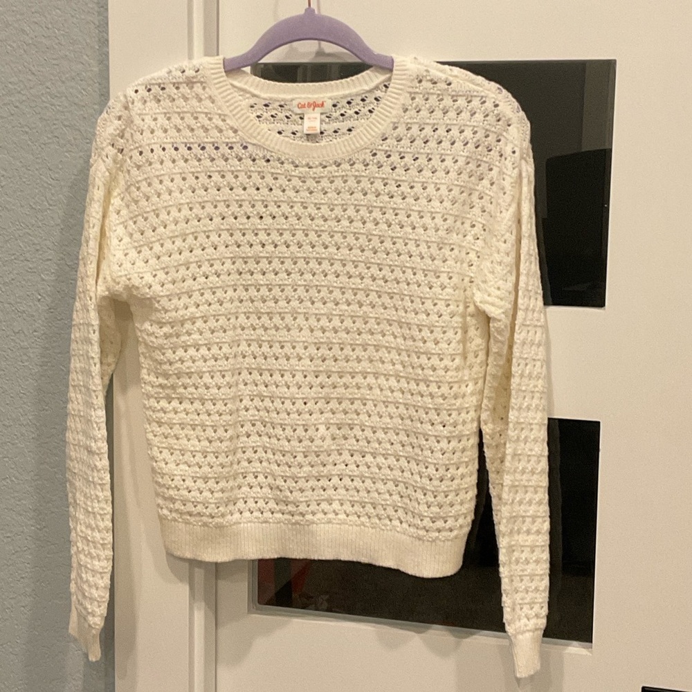 Cream Knit Sweater, feminine Boho crochet, kids, girl, size 14